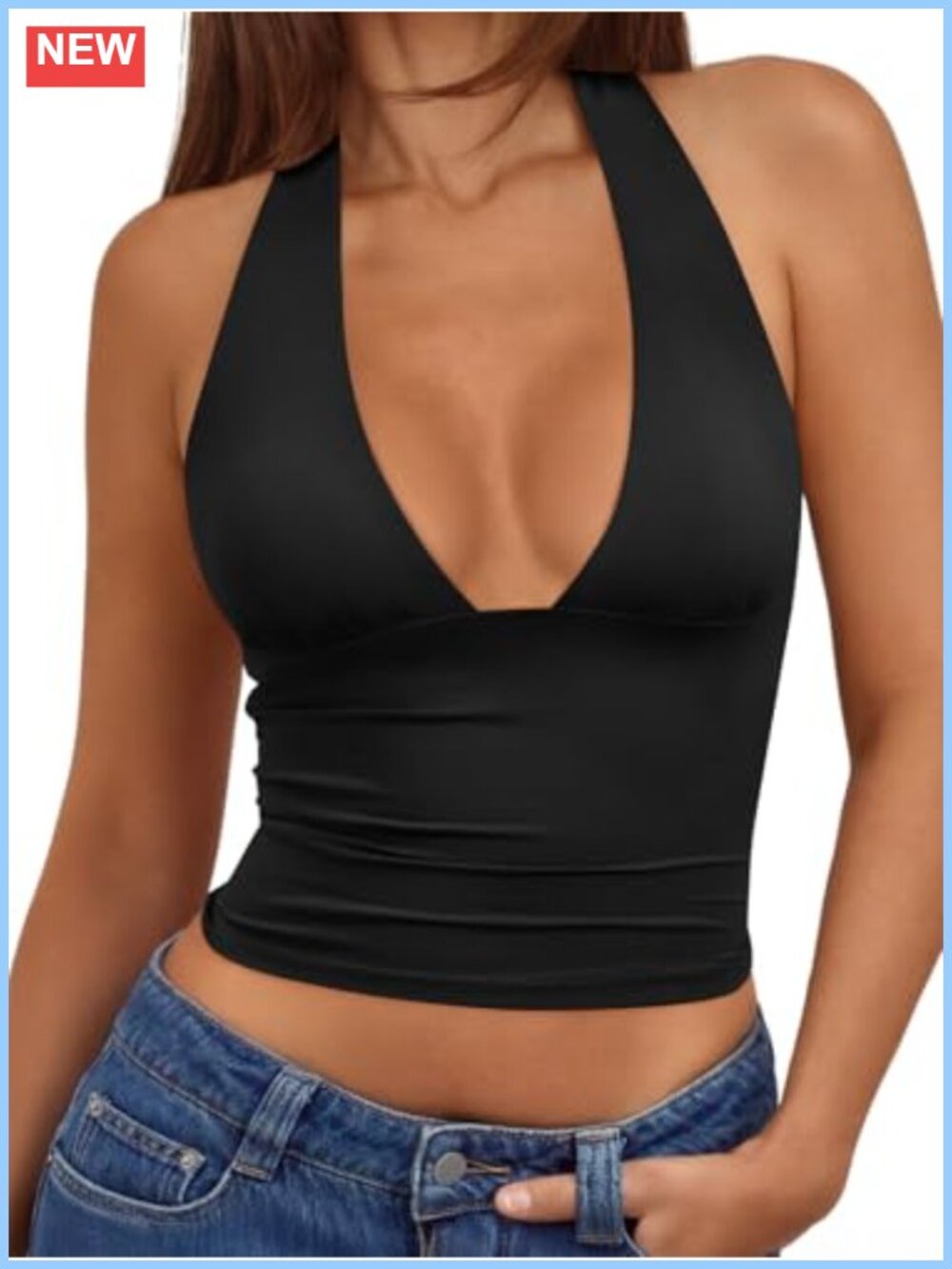 Double Lined Halter Top Women Open Back Backless Deep V Neck Crop Top